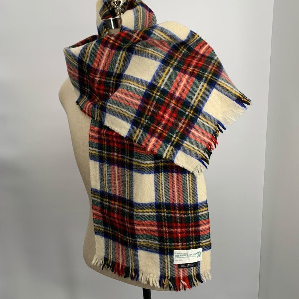 THE SCOTCH HOUSE 100% wool red plaid scarf mens womens unisex